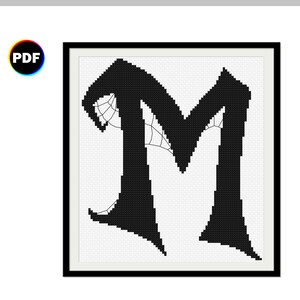 Spooky Letter M Cross Stitch Pattern, Halloween DIY, cobwebs, spider alphabet, creepy monogram, name decoration, pdf