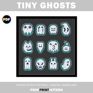 May include: A digital cross stitch pattern titled TINY GHOSTS featuring twelve pixel art ghost characters in white and dark blue on a dark gray grid background. The design includes various ghost shapes, including a skull and a cat-like figure.