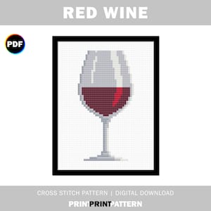 May include: Cross stitch pattern of a glass of red wine. The glass is clear with a red wine liquid inside. The pattern is in a black frame.