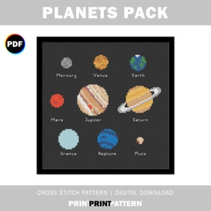 Planets Cross Stitch Pattern, solar system, Pluto included, Mars, Venus, Earth, Saturn, Jupiter, Neptune, Uranus, Mercury, space, astronomy