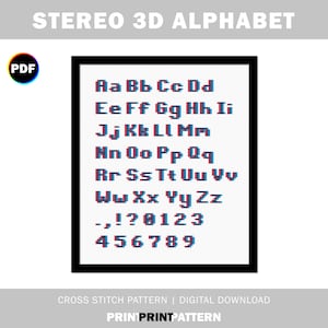 May include: A cross stitch pattern for a 3D alphabet in blue, red, and white. The pattern includes all letters, numbers, and punctuation marks. The pattern is available as a digital download.