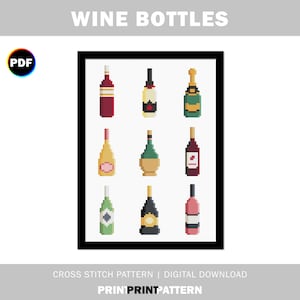 Puede incluir: Patrón de punto de cruz para botellas de vino. El patrón presenta nueve botellas de vino diferentes, incluyendo vino tinto, vino blanco, champán y una decantadora. El patrón está en un marco negro sobre un fondo blanco.