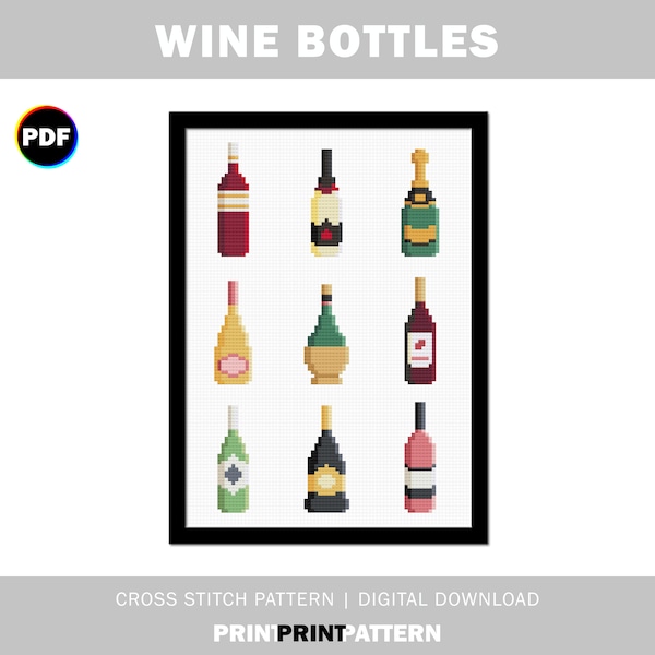 Wine Bottles Cross Stitch Pattern, red wine, white wine, champagne, straw basket fiasco, wine cross stitch, bottle collection, wine sampler
