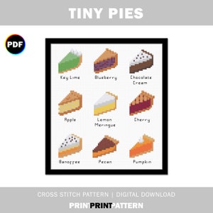 Tiny Pies Cross Stitch Pattern, pumpkin pie, cherry, key lime, apple, pecan, chocolate cream, blueberry, banoffee, modern cross stitch, pdf