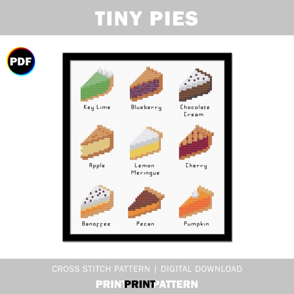 Tiny Pies Kreuzstichmuster, Kürbiskuchen, Kirsche, Limette, Apfel, Pekannuss, Schokoladencreme, Blaubeere, Banoffee, moderner Kreuzstich, pdf