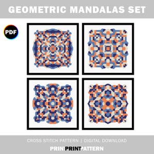 May include: Four framed geometric mandala cross-stitch patterns in shades of blue, orange, and cream. The artwork is square, with a black frame and white background. The text "GEOMETRIC MANDALAS SET" is at the top. The bottom text reads "CROSS STITCH PATTERN | DIGITAL DOWNLOAD PRINT PRINT PATTERN".
