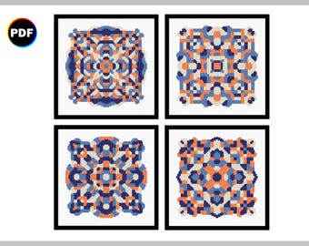 Set of 4 Geometric Mandala Cross Stitch Patterns - Modern Designs - Instant Download PDF