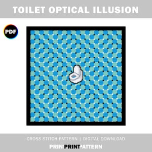 Puede incluir: Un patrón de punto de cruz con un inodoro blanco sobre un fondo a cuadros azul y negro. El patrón se titula "Toilet Optical Illusion".