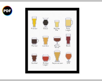 Tiny Beers Cross Stitch Pattern - a booze collection featuring the pilsner, stout, IPA, ale, lager, and others | Digital file