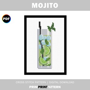 Könnte beinhalten: Ein Kreuzstichmuster für einen Mojito-Cocktail. Das Muster ist im PDF-Format und ein digitaler Download. Das Muster zeigt ein Glas mit einem Strohhalm, Eiswürfeln, Limettenscheiben und Minzblättern.