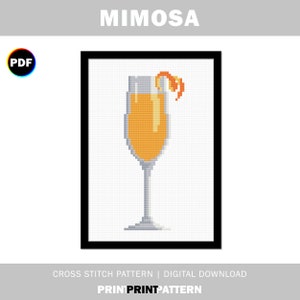 Mimosa Cross Stitch Pattern, cocktails, tall glass, fancy drink, party decoration, alcohol, champagne and orange juice, orange peel