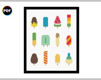 Tiny Ice Pops Cross Stitch Pattern, ice cream, popsicles, ice lolly, summer vibes, simple cross stitch, beginner pattern, modern design
