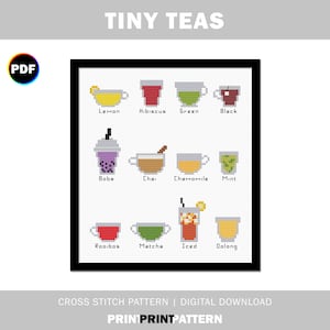 Tiny Teas Cross Stitch Pattern, green tea, boba tea, chai tea, iced tea, matcha tea, mint tea, black tea, oolong tea, tea lover gift diy