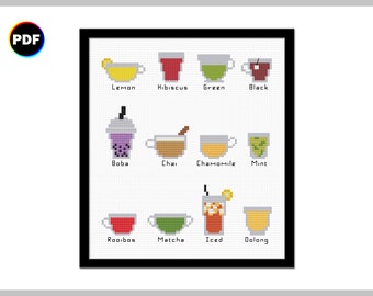 Tiny Teas Cross Stitch Pattern: Boba, Chai, Matcha (PDF Pattern)