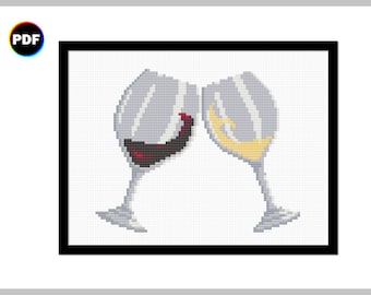 Red and White Wine Glasses Cross Stitch Pattern (Digital Download)