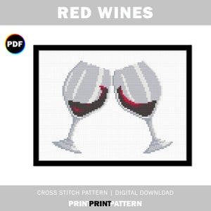 Red Wine Glasses Cross Stitch Pattern: Modern Bar Decor (PDF)