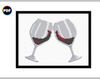 Red Wine Glasses Cross Stitch Pattern: Modern Bar Decor (PDF)