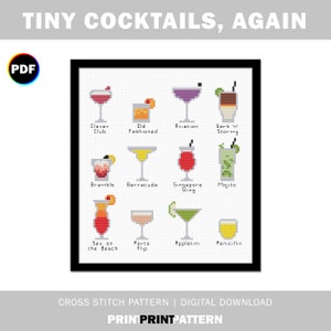 Tiny Cocktails, Again Cross Stitch Pattern, mojito, appletini, singapore sling, old fashioned, porto flip , digital cross stitch sampler