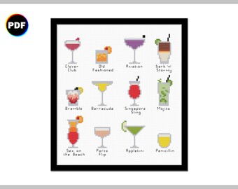 Tiny Cocktails, Again Cross Stitch Pattern: Appletini, Mojito (Digital Download)