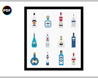 Tiny Liquors Cross Stitch Pattern | blue, light, and white drinks in bottles | Digital Download