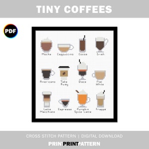 Tiny Coffees Cross Stitch Pattern - a sampler of several kinds of coffees with names | Digital download