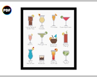 Tiny Cocktails Cross Stitch Pattern, mini drinks, mimosa, margarita, gin and tonic, cosmopolitan, bloody mary, digital cross stitch sampler