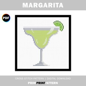 Könnte beinhalten: Ein Kreuzstichmuster für einen Margarita-Cocktail in einem Glas mit einem Limettenstück. Das Muster ist im PDF-Format und ein digitaler Download.
