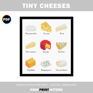 Puede incluir: Un patrón de punto de cruz con nueve tipos diferentes de queso, incluyendo mozzarella, queso suizo, brie, parmesano, gouda, stilton, cheddar, roquefort y camembert. El patrón está en un marco negro y tiene un fondo blanco. El texto "TINY CHEESES" está en la parte superior de la imagen. El texto "CROSS STITCH PATTERN | DIGITAL DOWNLOAD" está en la parte inferior de la imagen. El texto "PRINTPRINTPATTERN" está en la parte inferior central de la imagen.