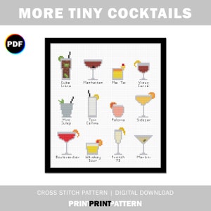 More Tiny Cocktails Cross Stitch Pattern, mini drinks, mai tai, martini, whiskey sour, mint julep, manhattan, digital cross stitch sampler