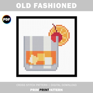 Old Fashioned Cross Stitch Pattern - a classic whiskey based cocktail that is served on the rocks | Digital download