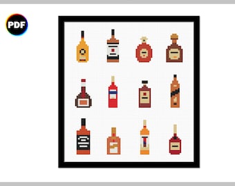 Tiny Liquors Cross Stitch Pattern | amber, brown, and red drinks in bottles | Digital only