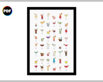 All the Tiny Cocktails Cross Stitch Pattern - colourful collection of 48 different small drinks  | Digital file