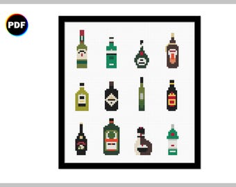 Tiny Liquors Cross Stitch Pattern | black, dark, and green drinks in bottles | Digital Download