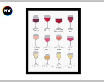 Tiny Wines Cross Stitch Pattern - a sampler of white wines, red wines, and rose wines with their names | Digital file