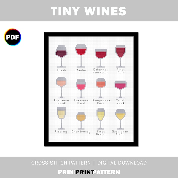 Tiny Wines Cross Stitch Pattern - a sampler of white wines, red wines, and rose wines with their names | Digital file