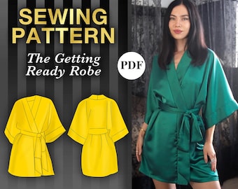 Könnte beinhalten: Schnittmuster für eine Robe, genannt "The Getting Ready Robe". Das Schnittmuster ist als PDF-Download erhältlich. Das Bild zeigt eine Strichzeichnung der Robe in Gelb und ein Foto einer Frau, die eine grüne Robe trägt.
