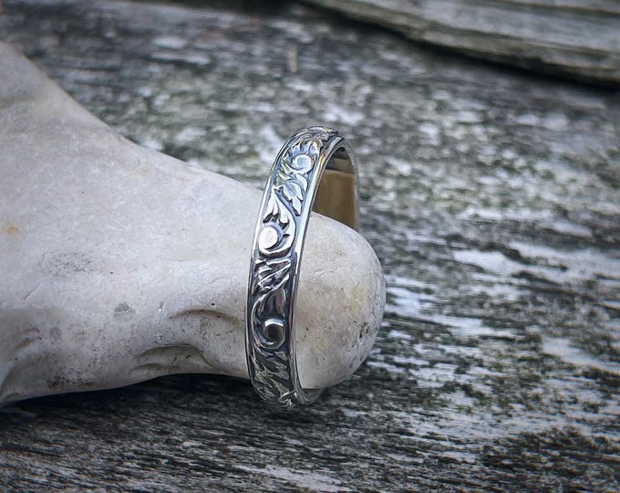 Sterling Silver Botanic Swirl Detailed Ring, 3.5mm Wide, Art Neuveau Inspired, Stackable, Thumb Ring, Gift for her