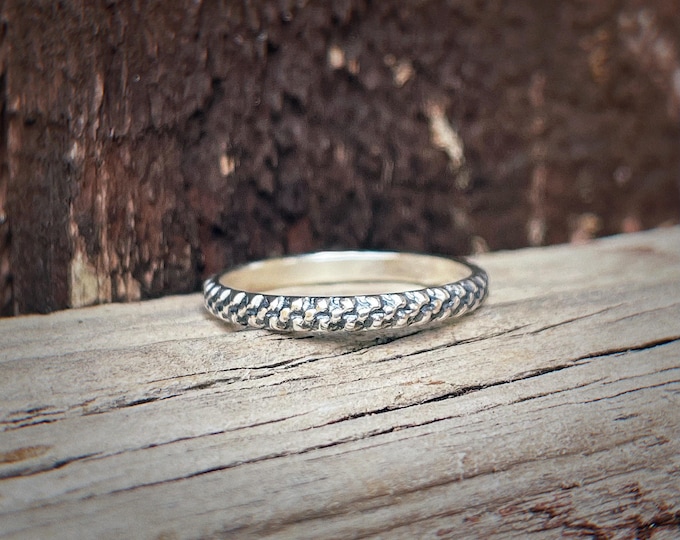 Grain Textured Sterling Silver Ring, 2.7mm D-Shape Band, Lightly Oxidised, Handmade Stacking or Wedding Band, Organic Silver Ring for Him