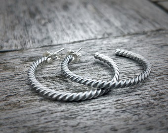 Sterling Silver Rope Patterned Loop Earring, Handmade Loop Earrings, Rustic Loop Earrings, Hoop Earrings, Gift for Her