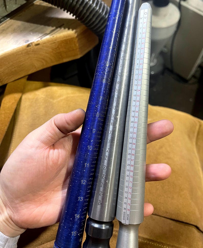 May include: Three metal ring sizers, one blue, one silver, and one gray, with size markings in inches and millimeters. The sizers are held in a hand.