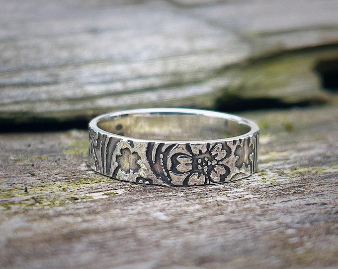 Sterling Silver Floral Pattern Ring, 5mm Wide, Vintage Patterned, Rustic and Elegant, Statement Ring, Thumb Ring, Gift for Her