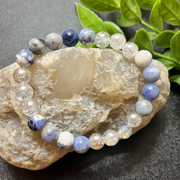 Blue and White Sodalite Beaded Bracelet | Stretchy Gemstone Jewelry |Blue Jewelry | Spring Accessories | Gifts for Her