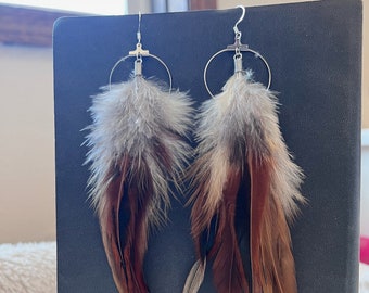 Rooster Tail Feather Hoop Earrings - Lightweight - Boho - Long - Saddle Feather