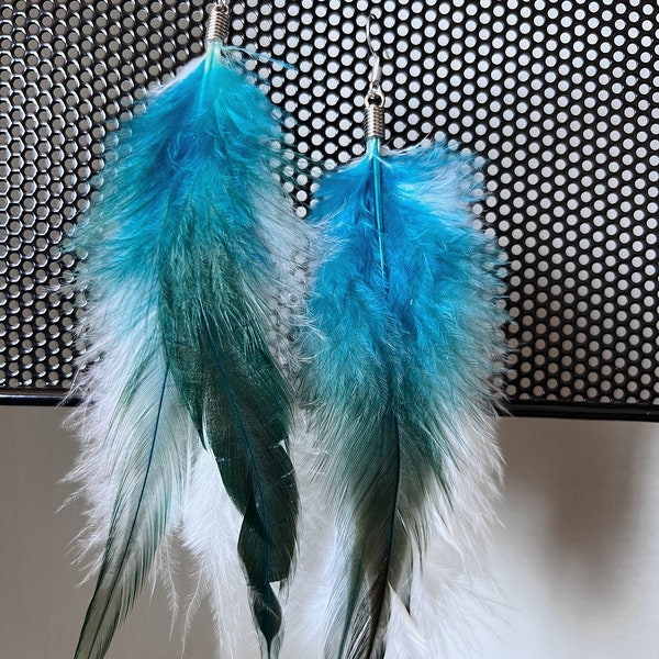 Blue Rooster Saddle Feather Earrings - Lightweight - Silver - Natural - Boho