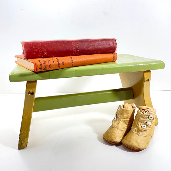 Vintage Green and Yellow Painted Wood Stool | Colorful Cottagecore Farmhouse | Plant Stand Step Stool Display | Child Bedroom Playroom