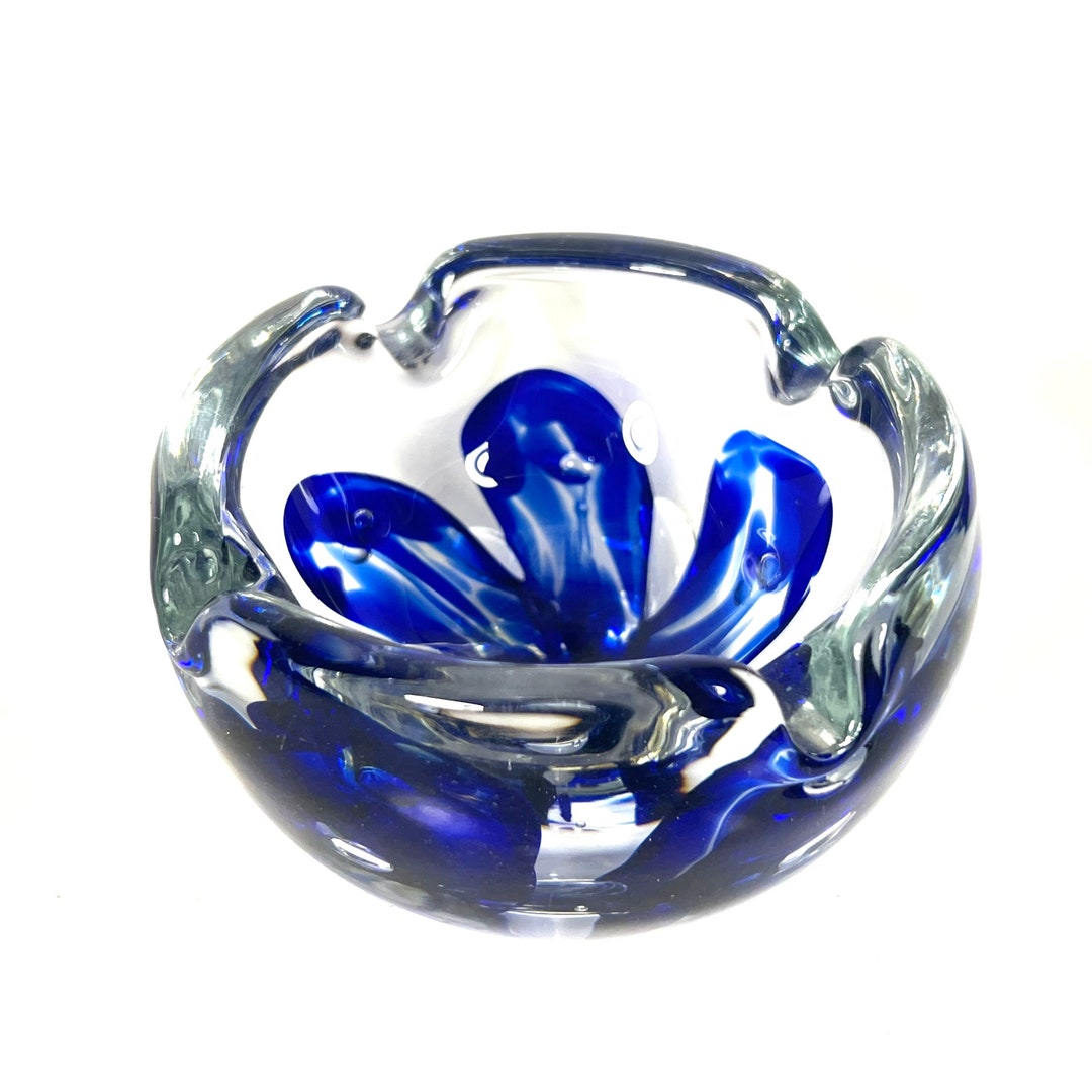 Vintage Cobalt Blue Art Glass Ashtray Etsy