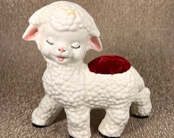 Vintage Ceramic Lamb Pincushion | Retro Sewing Crafting Room Decor | Gift for Crafter