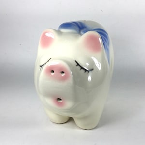 Vintage Ceramic Piggy Bank with Blue Bow | Vintage Baby Shower, Nursery or Child’s Bedroom Decor