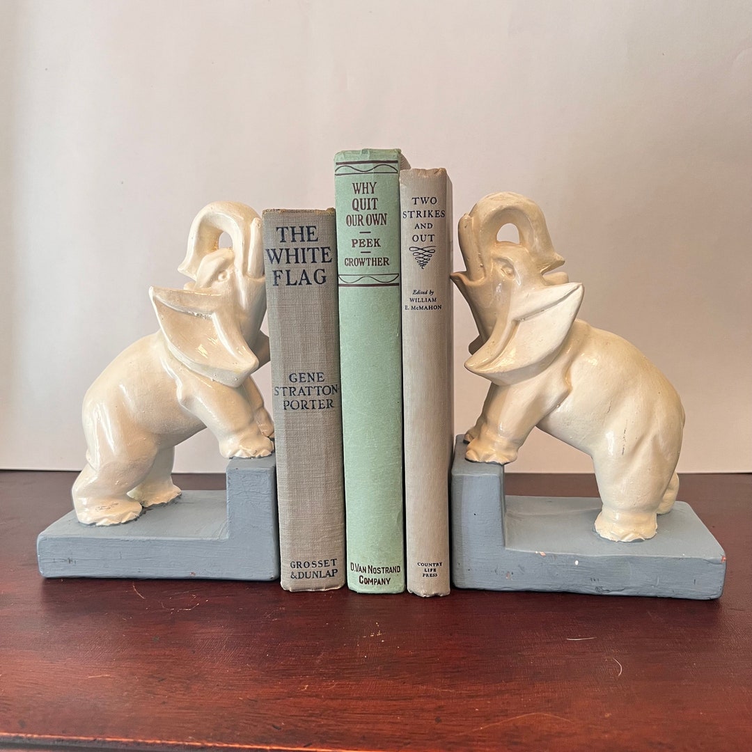 Vintage Elephant Bookends Painted White and Blue Gray Etsy