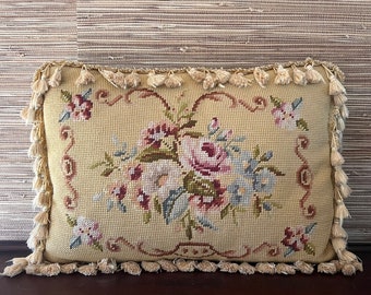 Vintage Floral Needlepoint Pillow with Tassel Fringe | Grand Millennial Traditional Home Decor